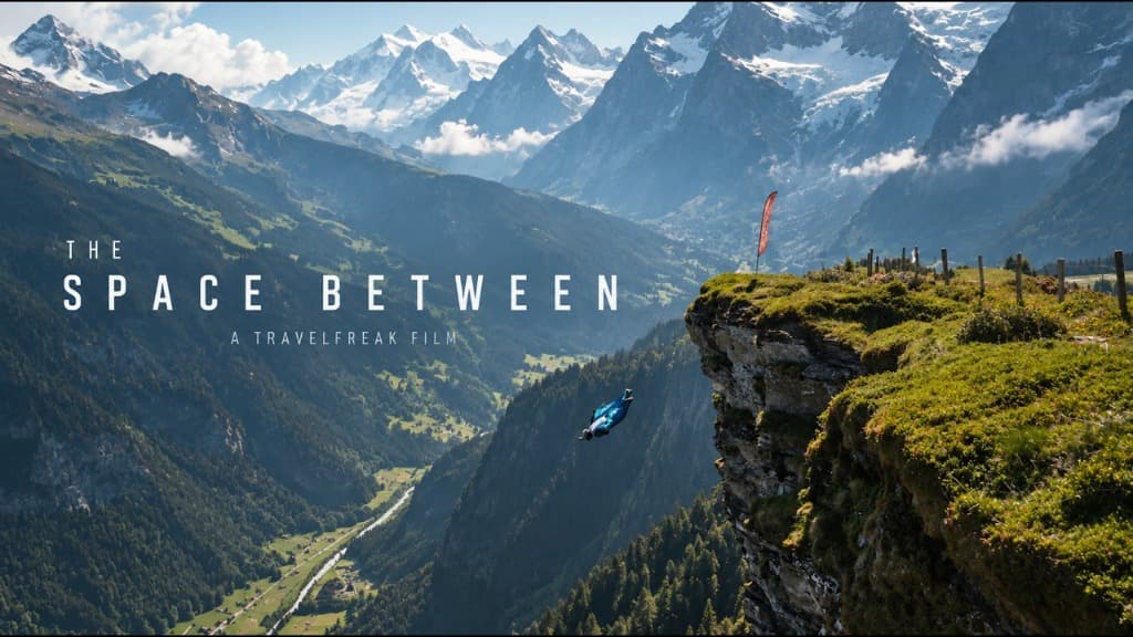 Wingsuit flyer diving off a towering alpine cliff in Switzerland overlooking the Lauterbrunnen valley